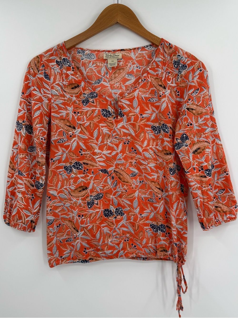 Lucky Brand Floral Print 3/4 Sleeve 100% Cotton Top | Orange Multi | XS